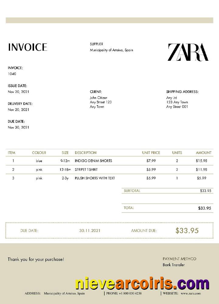 USA ZARA invoice